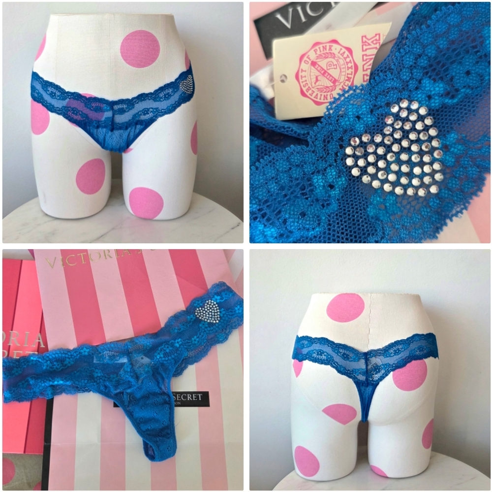 Victoria's Secret Pink Vintage Blue Extra Low Rise Lace Bling Thong Panty NWT
